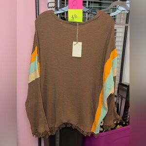 Plus Size Cozy Brown Waffle Knit Top with Colorblock Sleeves with Lace Trim